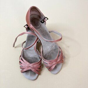 AngeloLuzio Girls Ballroom Shoes Tan Satin 5-Strap Latin Dance 100GY Sz 2-Fits 1